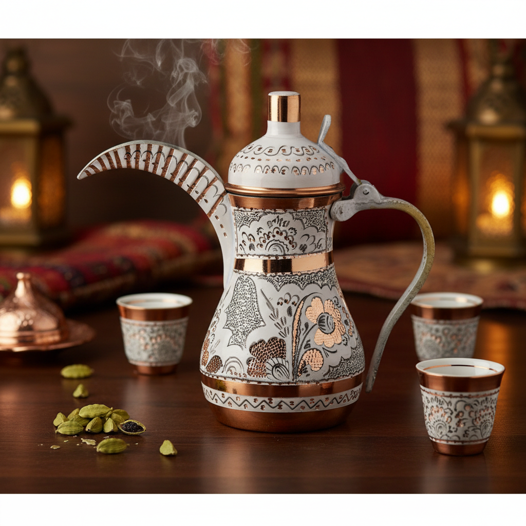 Gulcicek white copper mirra dallah 900ml lifestyle with finjan cups
