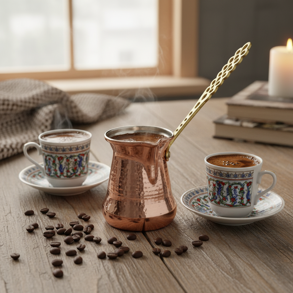 Sultan Thin 200ml brass handle copper cezve lifestyle