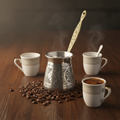 Antep keski nickel-plated copper cezve 250ml lifestyle with 3 cups