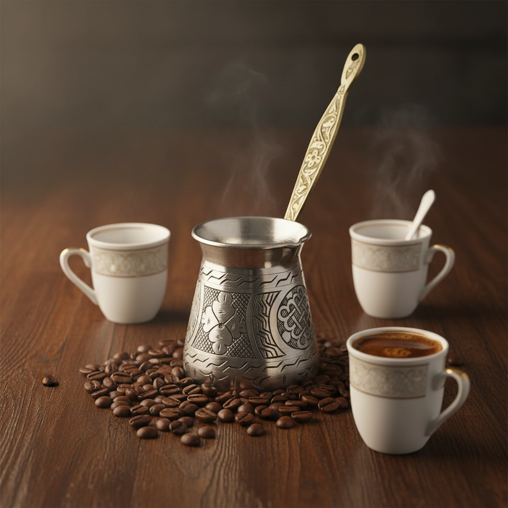 Antep keski nickel-plated copper cezve 250ml lifestyle with 3 cups
