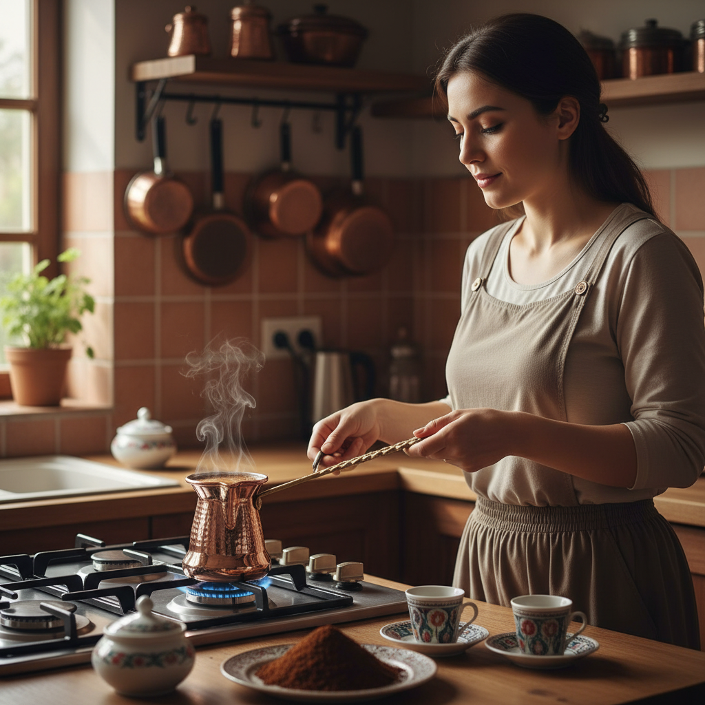 Woman holding Sultan Thin 550ml brass handle copper cezve