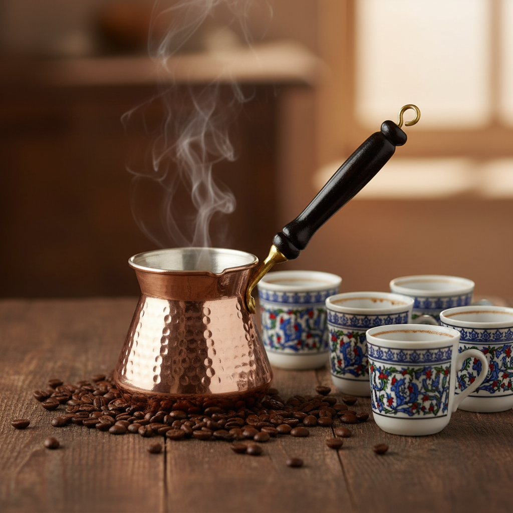 Antep topak 500ml copper cezve lifestyle with 6 cups