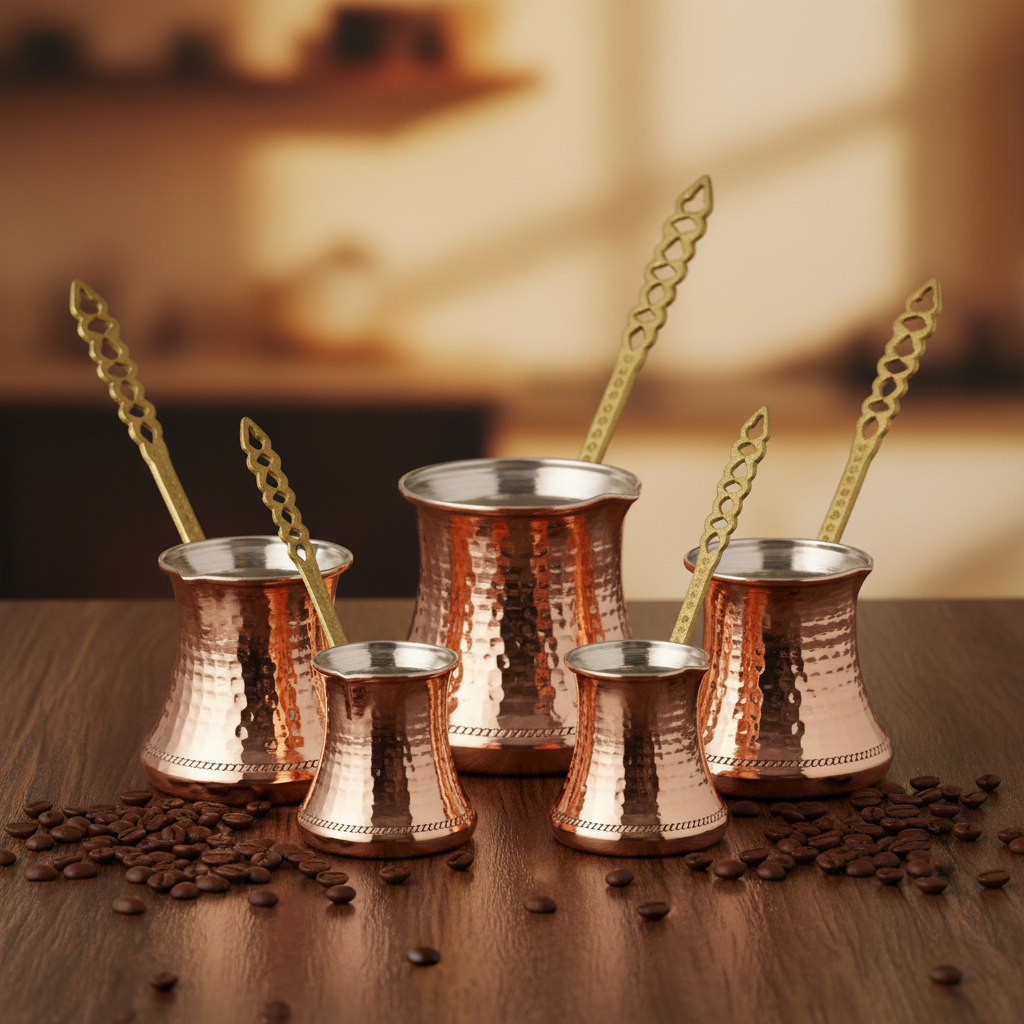 Hammered copper Kervan large cezve set 5-piece lifestyle main photo