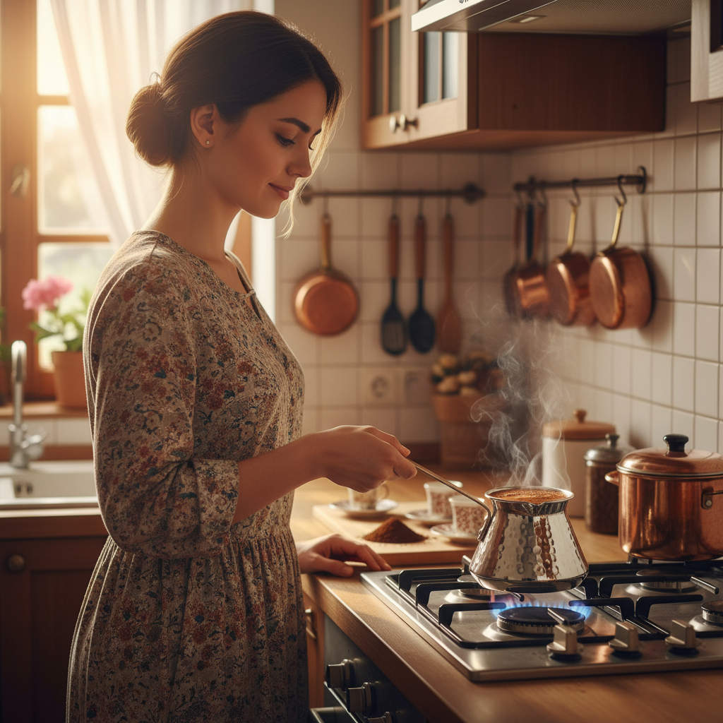 Woman holding Antep nickel topak copper handle cezve 3-cup