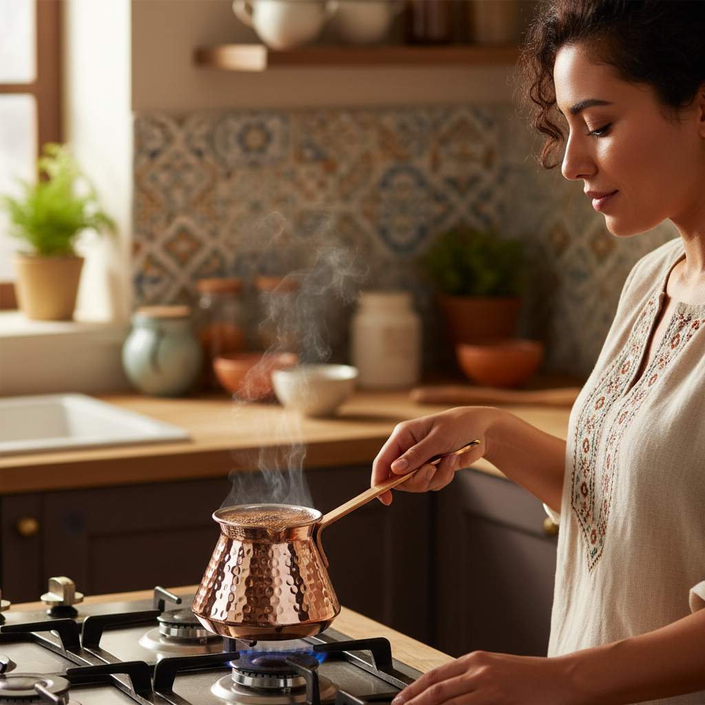 Woman holding Antep copper topak cezve 4-cup