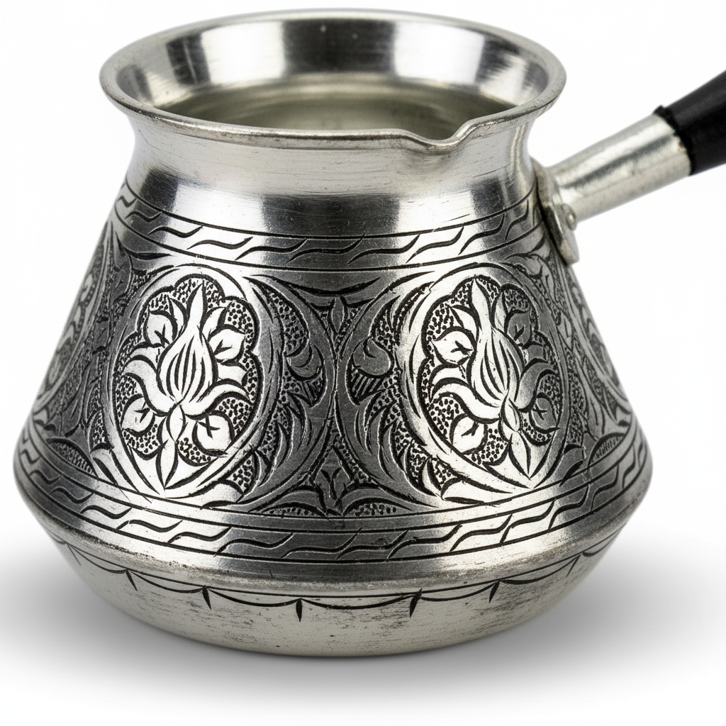 Antep eskitme topak cezve 3-cup macro engraving detail