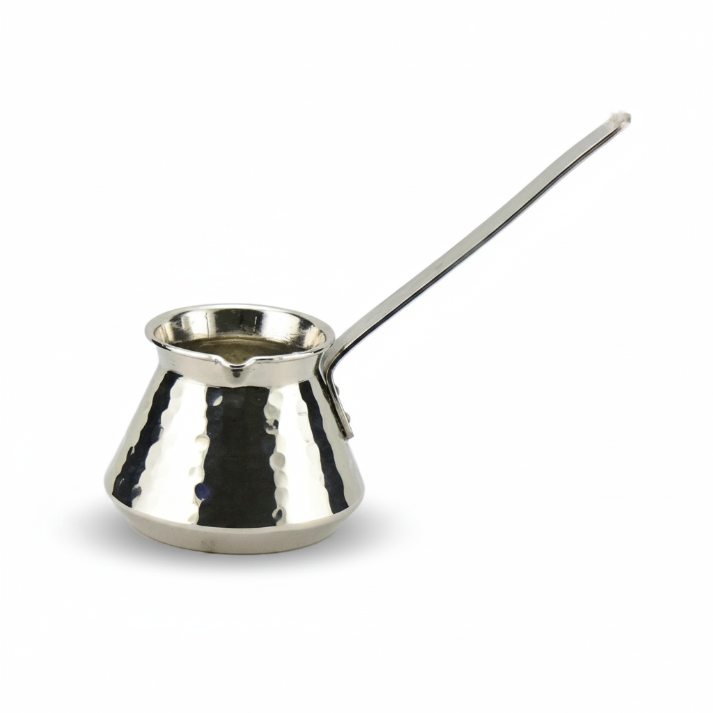 Antep nickel topak copper handle cezve 3-cup white background