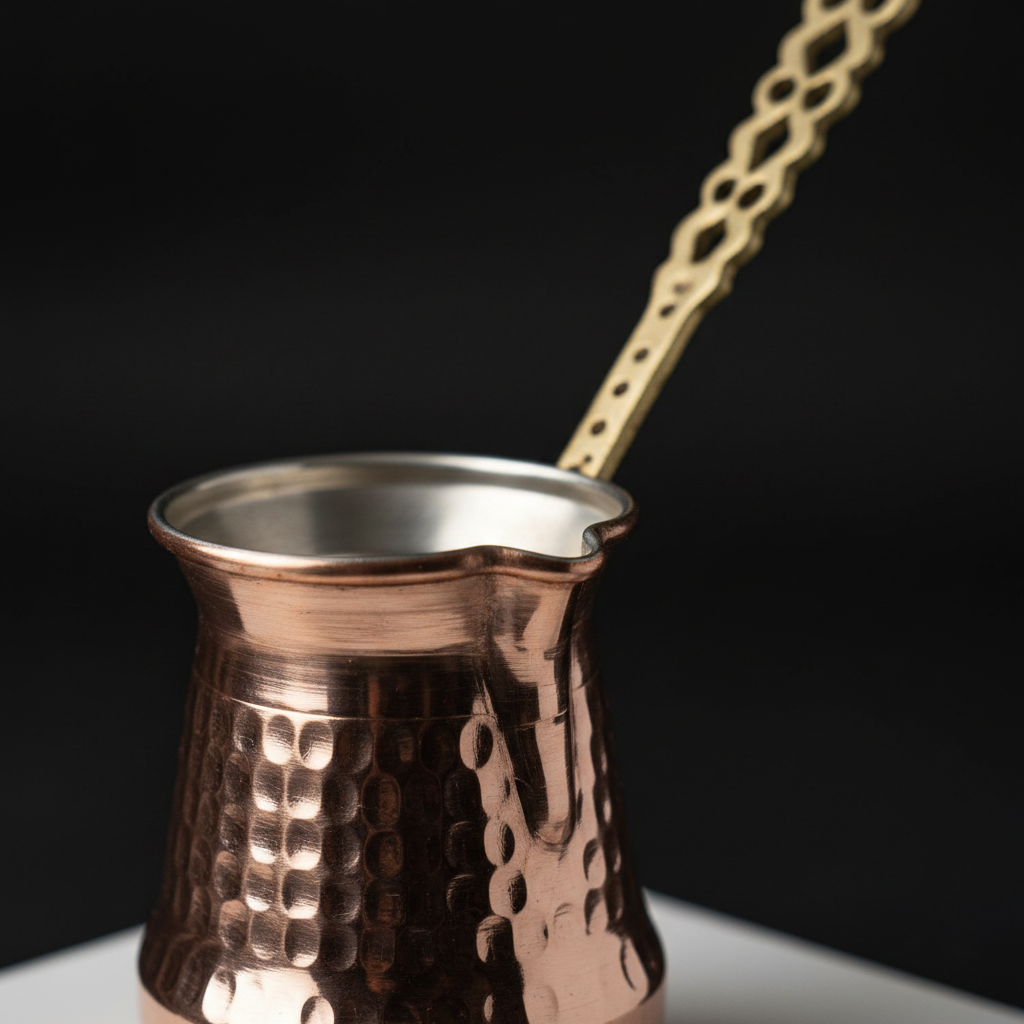 Hammered copper Sultan Turna cezve macro detail