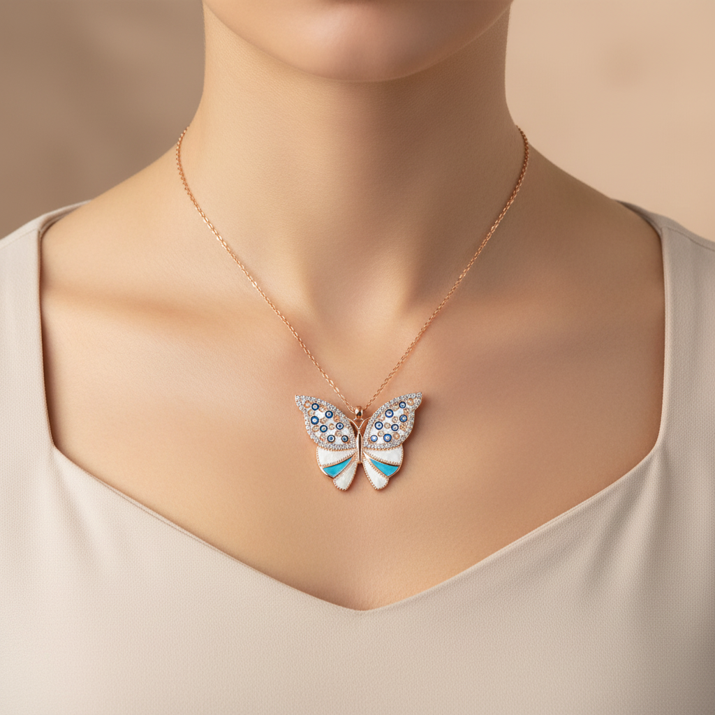 Silver Evil Eye Butterfly Women's Necklace - Model