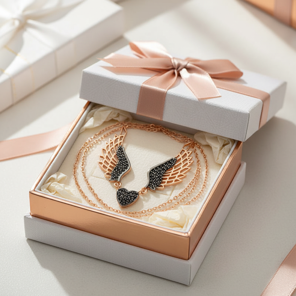Silver Black Winged Angel Heart Necklace - Gift