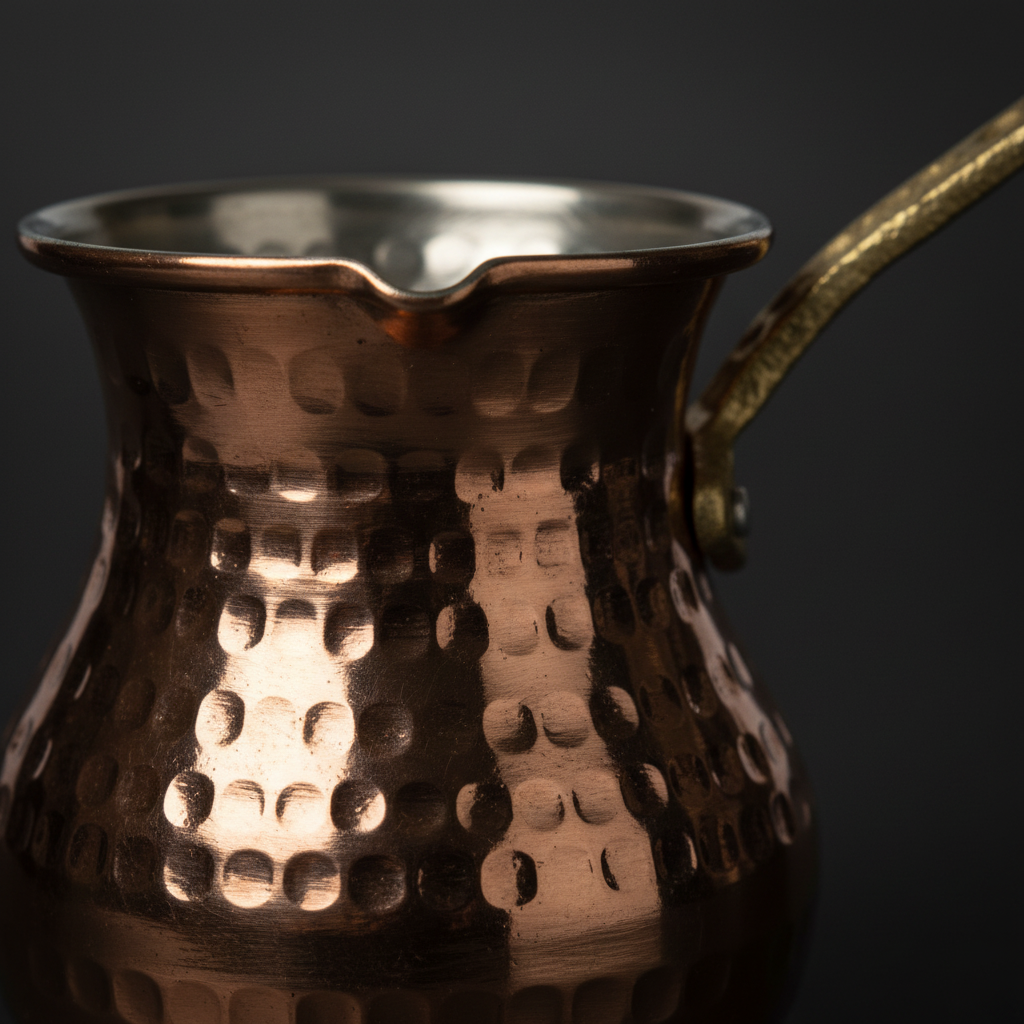 Eylül copper cezve hammered texture macro close-up