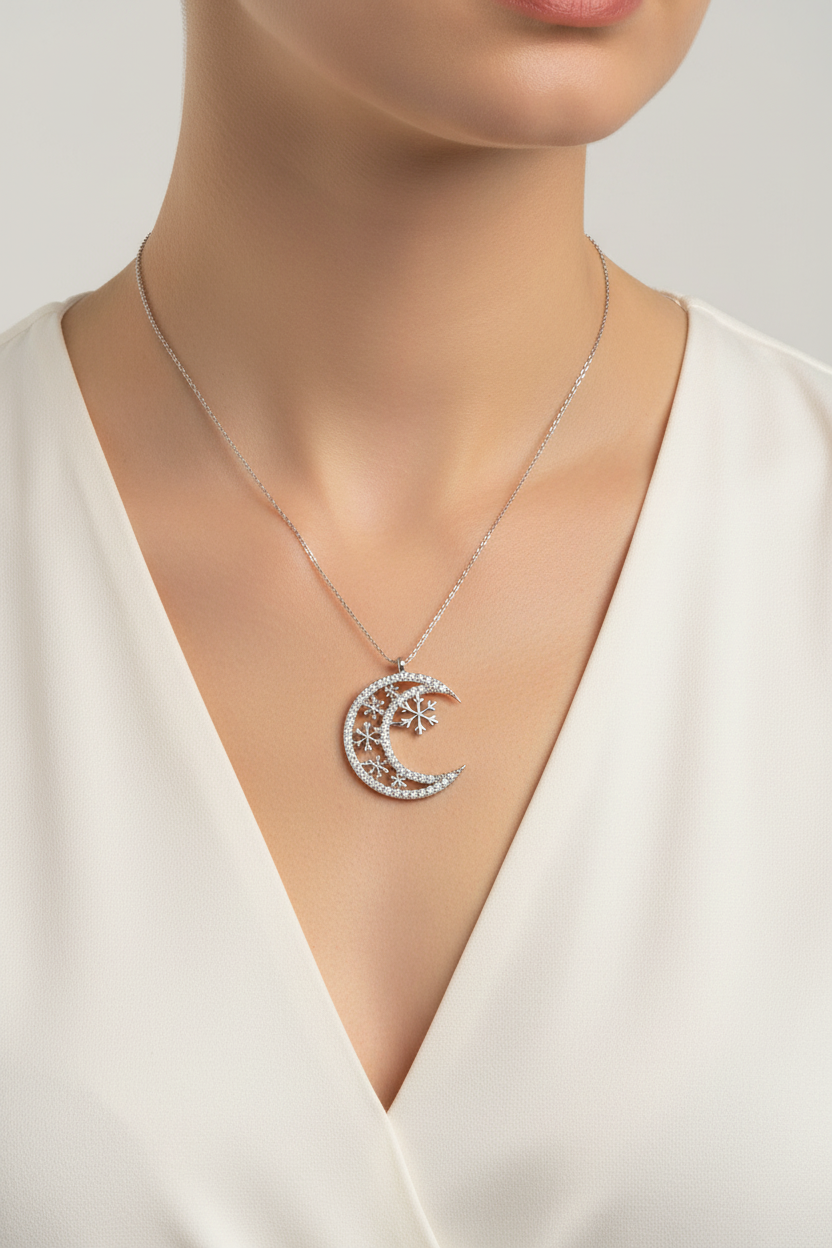 Silver Crescent Moon Snowflake Necklace - Model