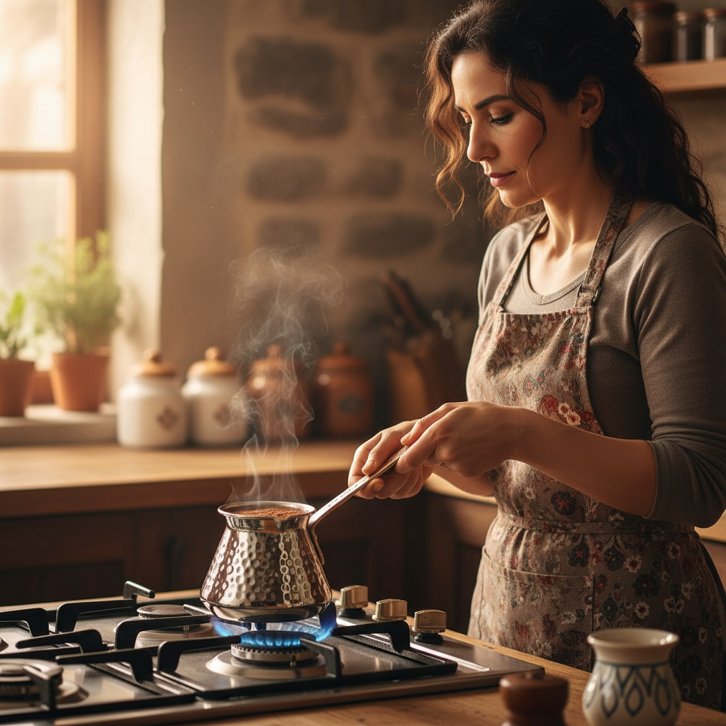 Woman holding Antep nickel topak copper handle cezve 4-cup