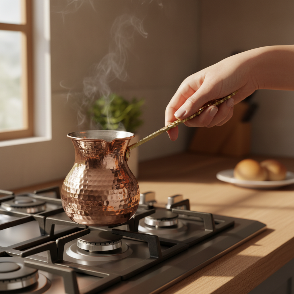 Person holding hammered copper round cezve on stovetop