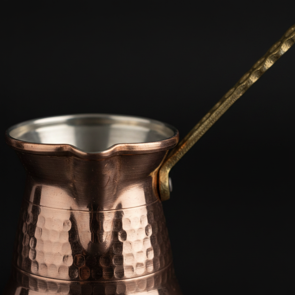 Sultan Thin 450ml brass handle copper cezve macro texture