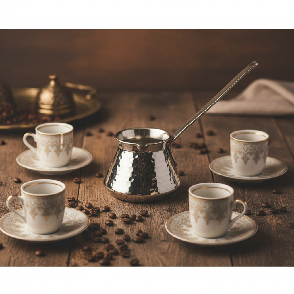 Antep nickel topak copper handle cezve 4-cup lifestyle