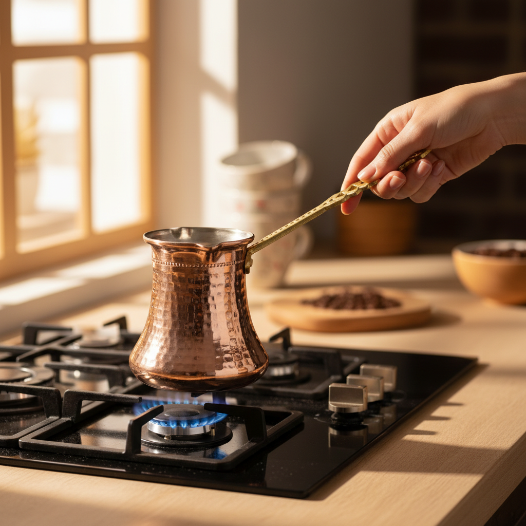 Person holding hammered copper Kervan small cezve on stovetop