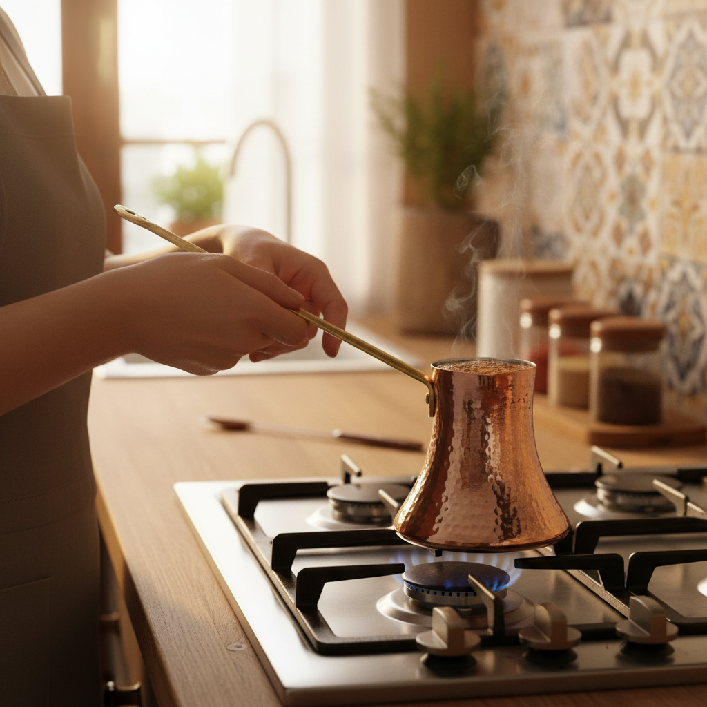 Woman holding Trabzon copper cezve 3-cup