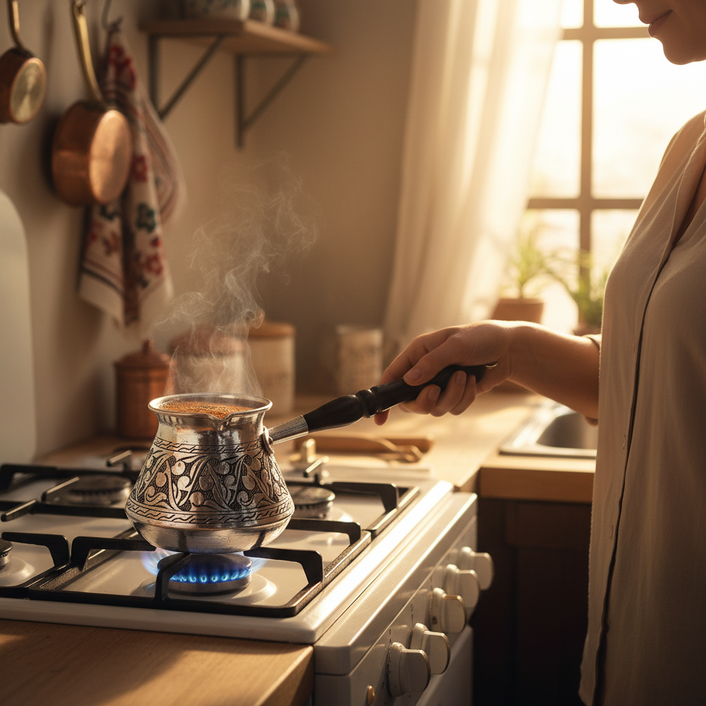 Woman holding Antep eskitme topak cezve 6-cup