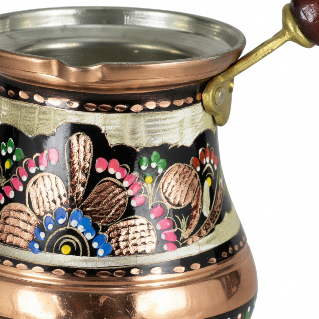 Erzincan enamel floral copper cezve macro detail