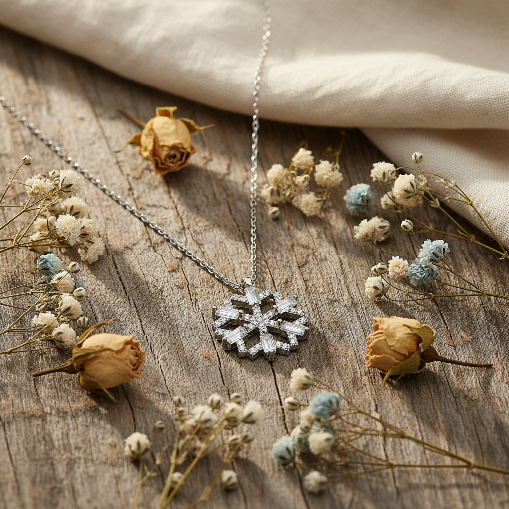 Silver Baguette Snowflake Necklace - Lifestyle