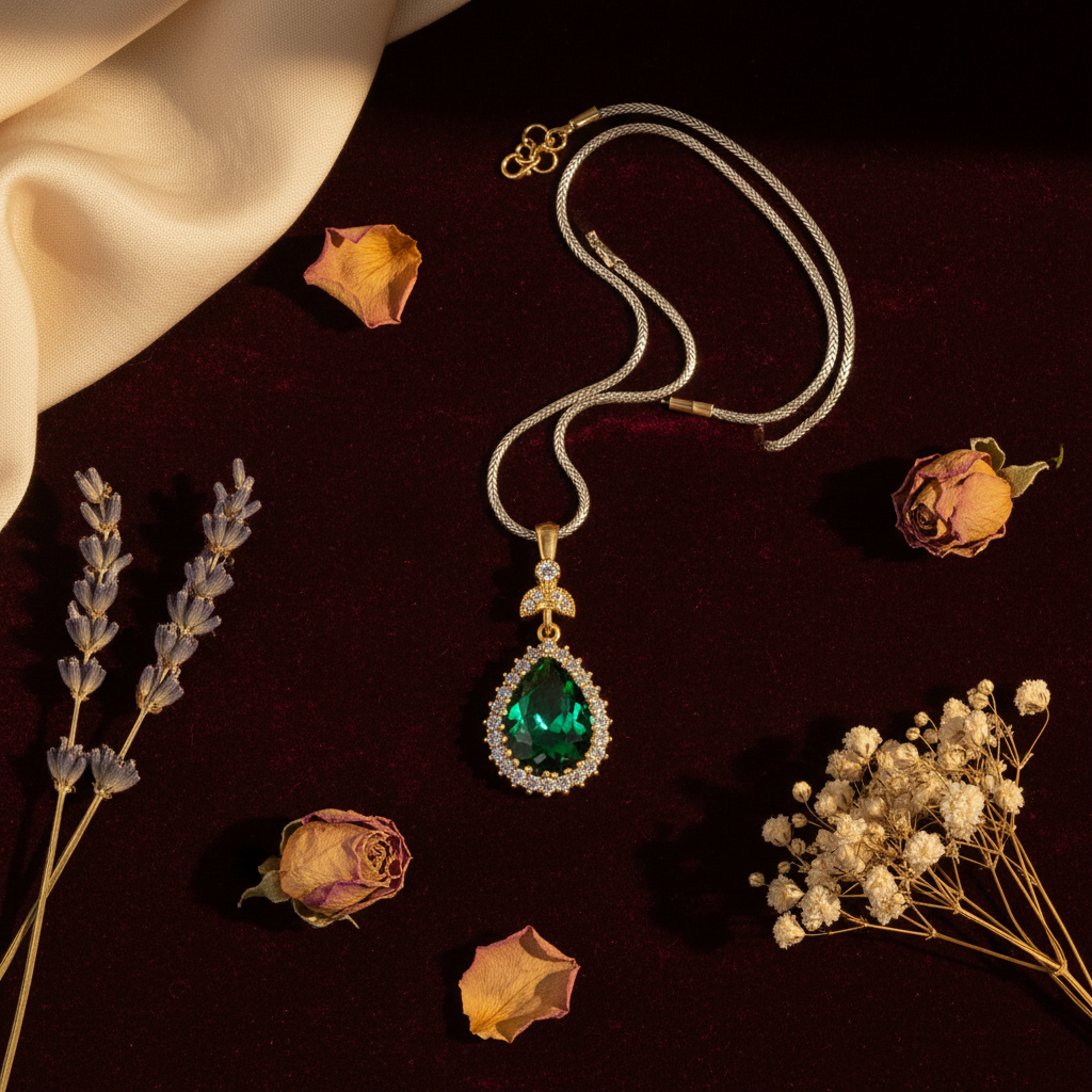 Silver Emerald Stone Hurrem Women's Necklace - Lifestyle