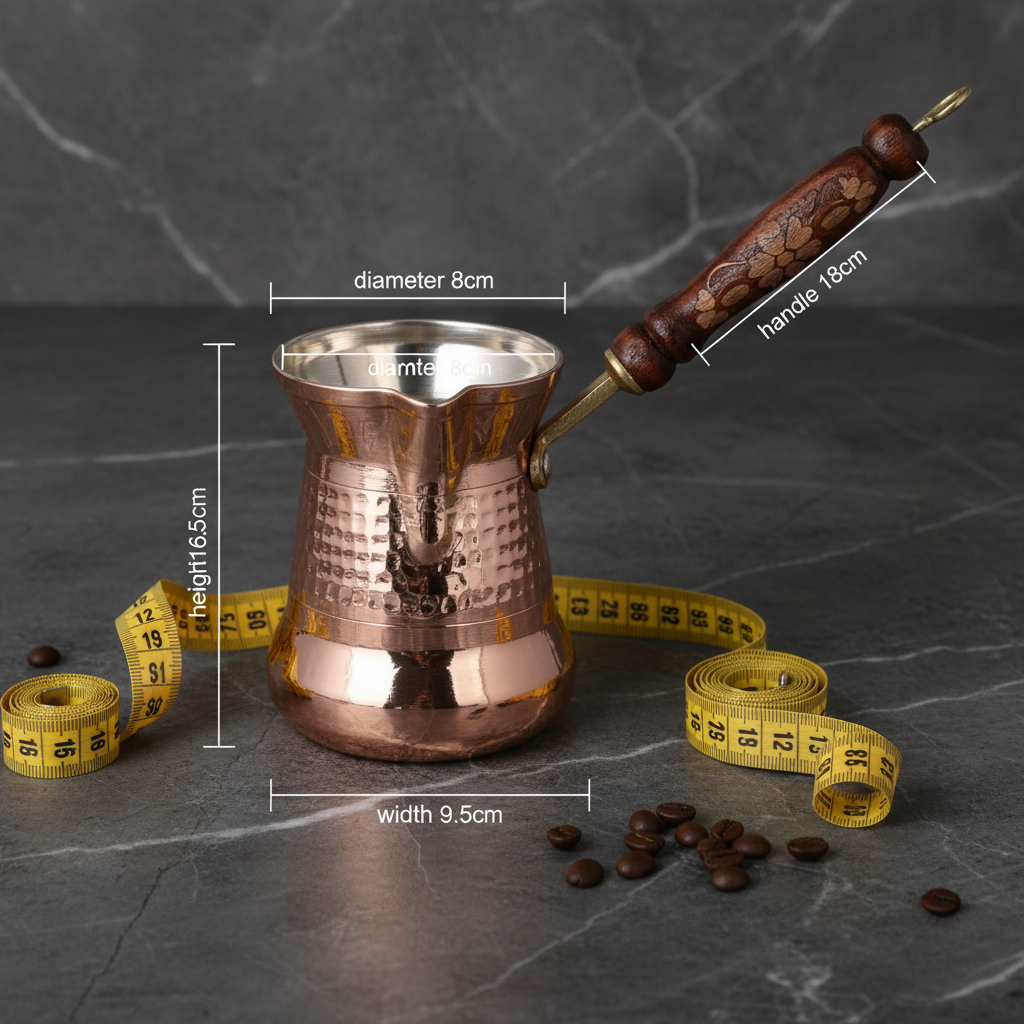 Sultan Thin 250ml copper cezve dimensions flat lay