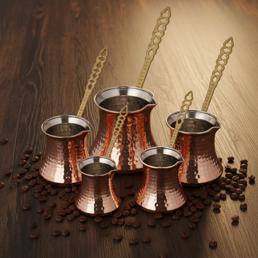Hammered copper Kervan cezve set 5-piece lifestyle main photo