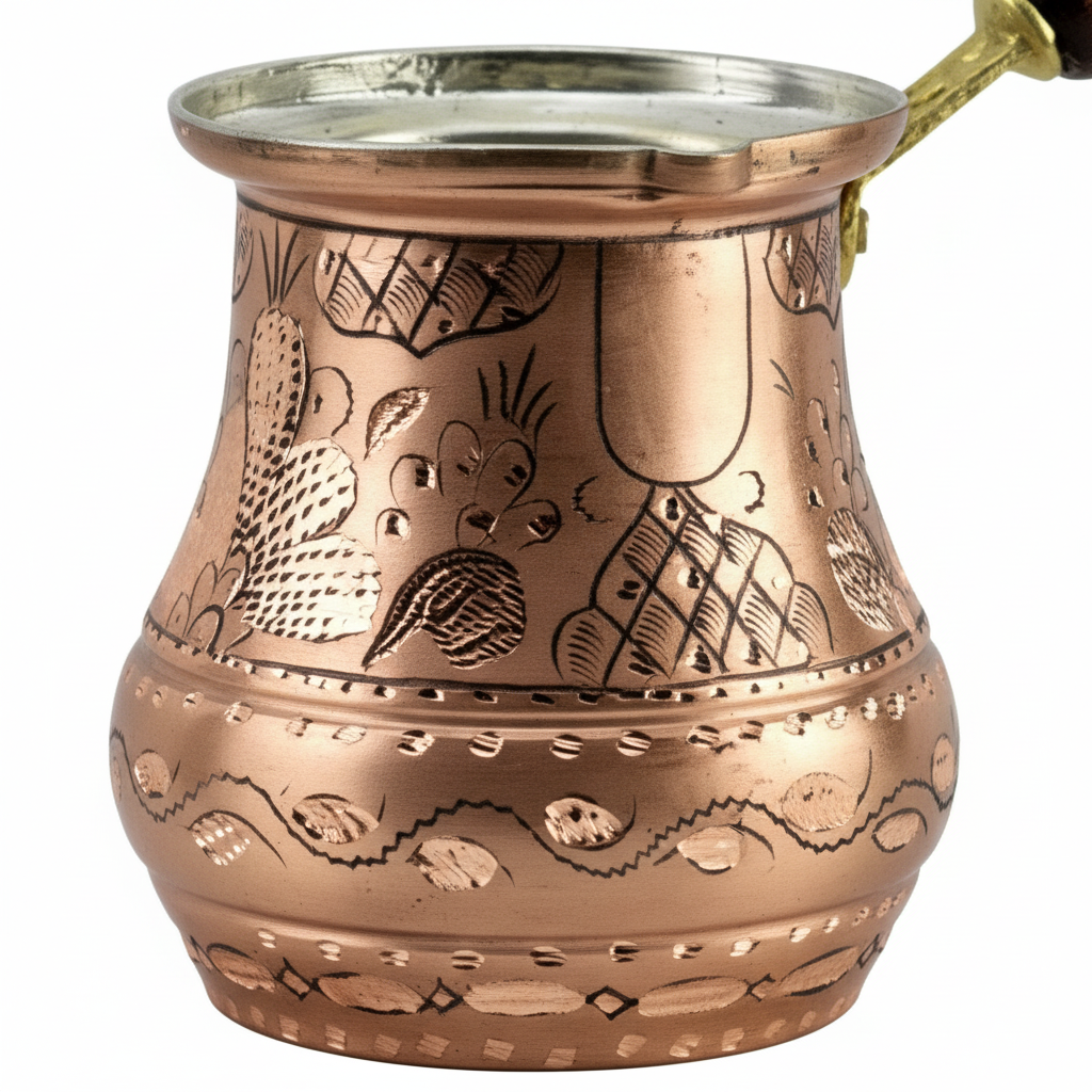 Erzincan floral copper cezve 7-8 cup macro engraving detail