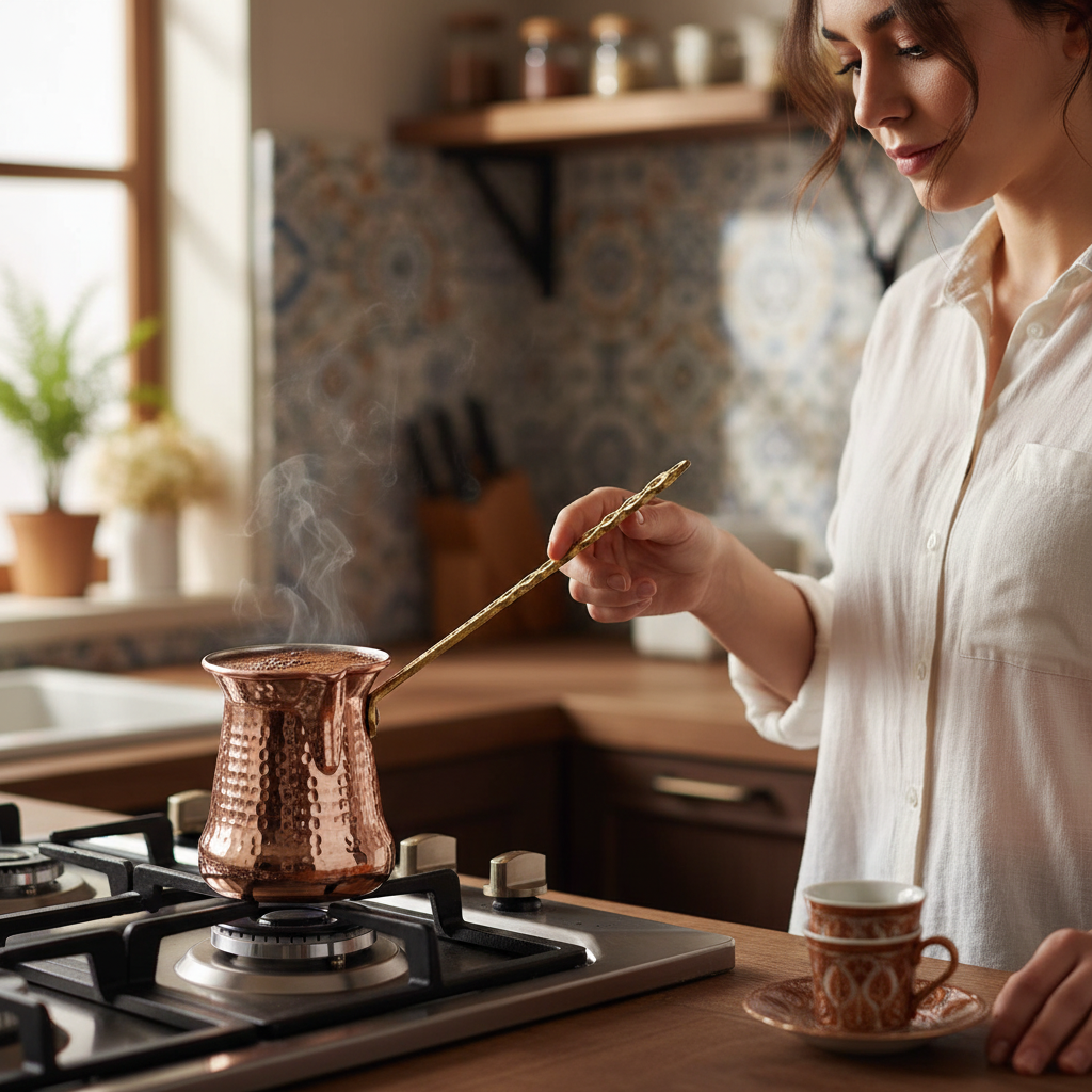 Woman holding Sultan 200ml brass handle copper cezve
