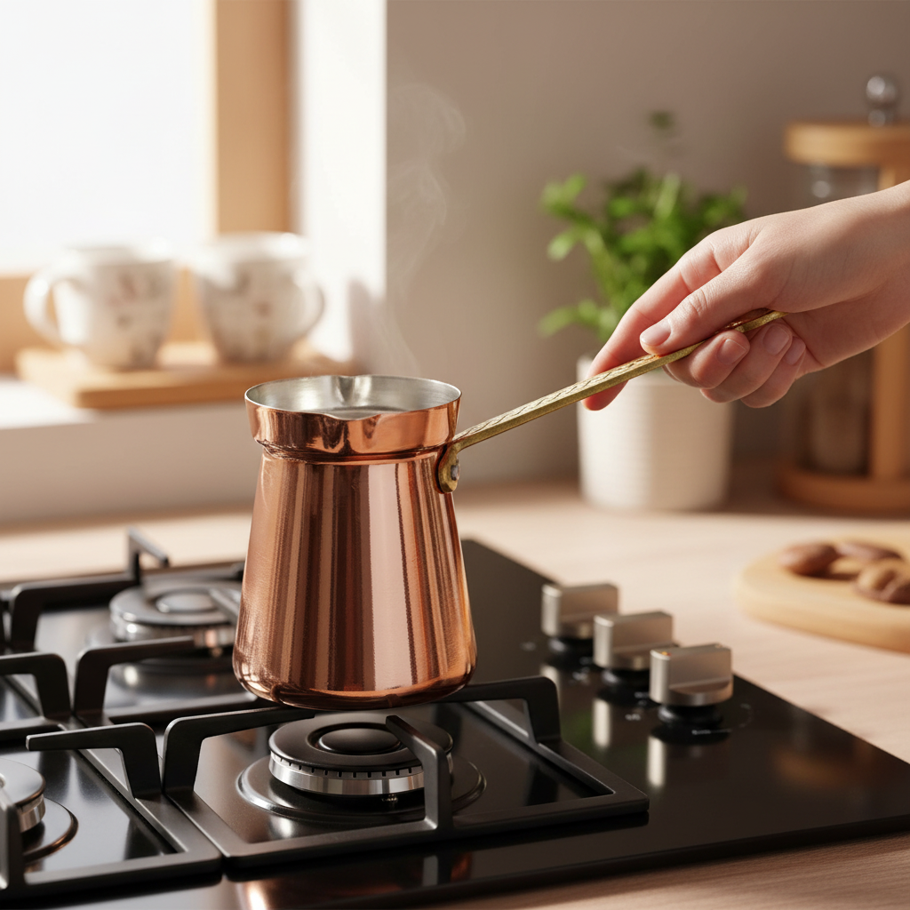 Person holding polished copper Moda cezve on stovetop