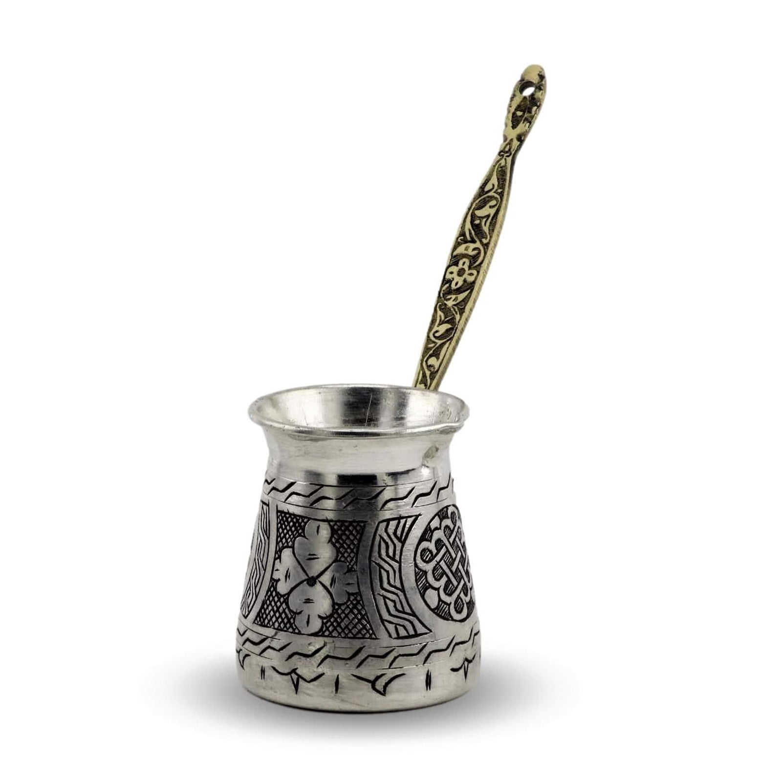 Antep Keski Hand-Engraved Nickel-Plated Copper Cezve — 3-Cup / 250ml | 1mm, Flower & Celtic Knot, Tin-Lined Inside & Out