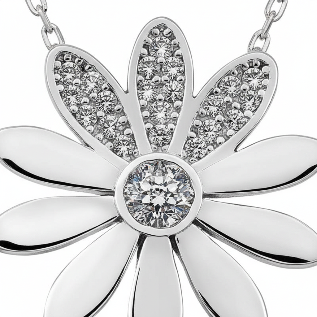 Silver Daisy Flower Women's Necklace - Macro