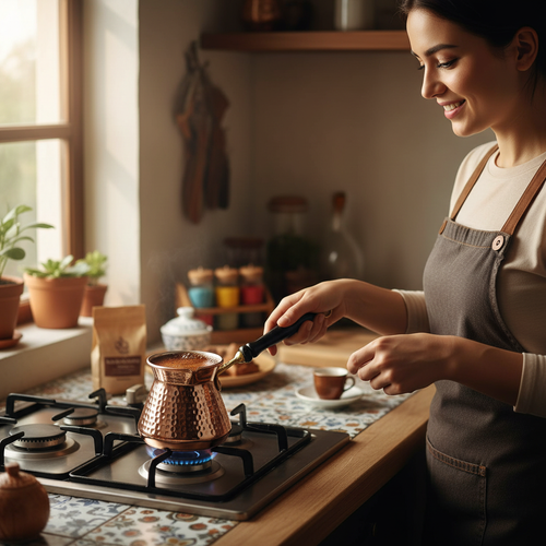 Woman holding Antep topak 500ml copper cezve