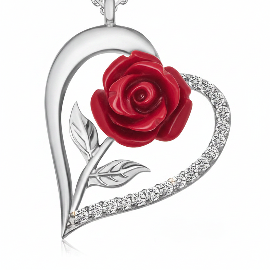 Silver Heart Red Rose Women's Necklace - Macro