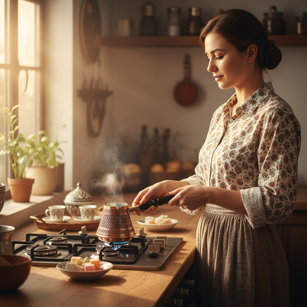 Woman holding Antep keski copper cezve 3-cup on stovetop