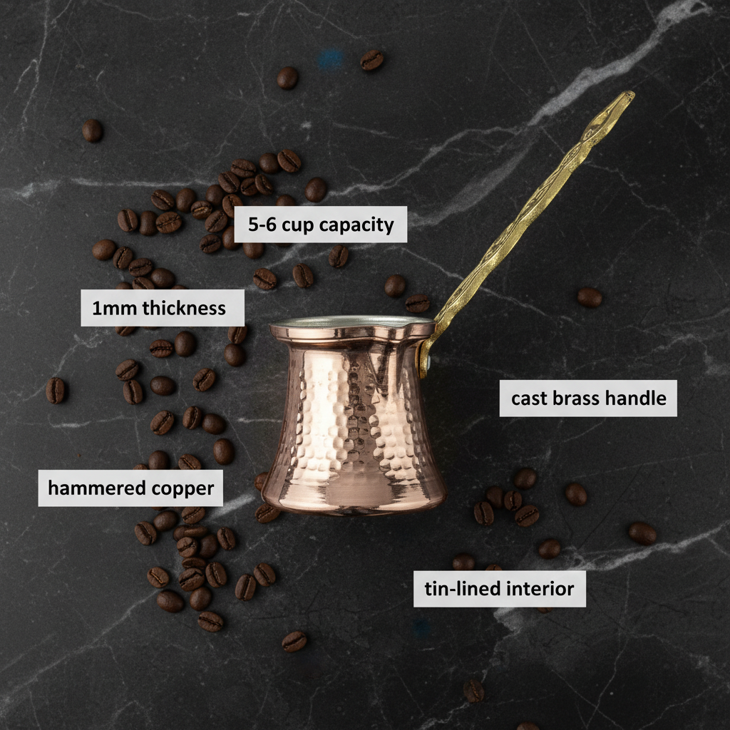 Hammered copper cezve 5-6 cup flat lay dimensions