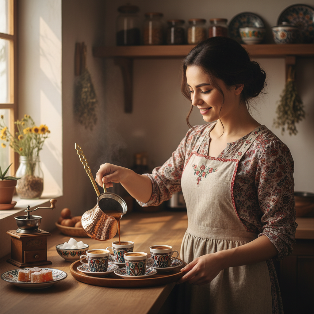 Woman using Kervan Thick 390ml copper cezve