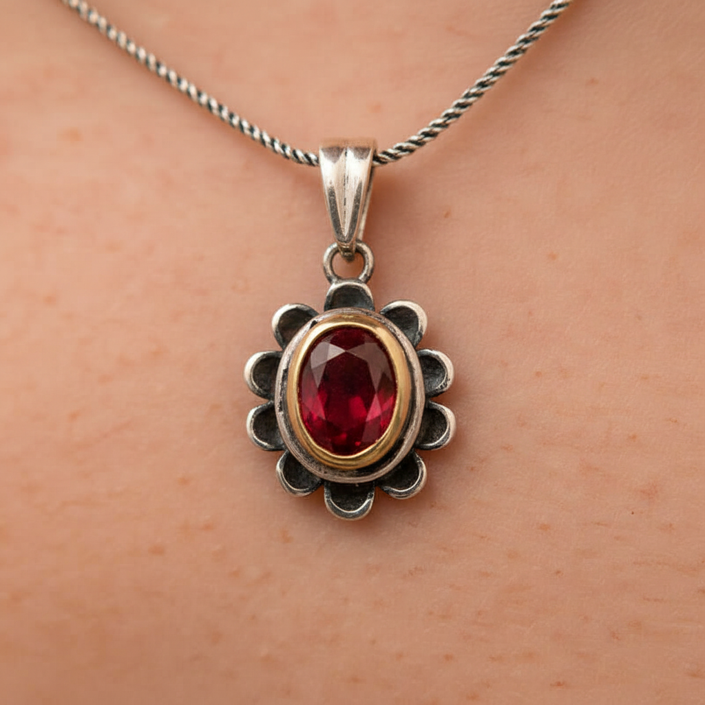 Silver Red Stone Flower Women's Necklace - Macro