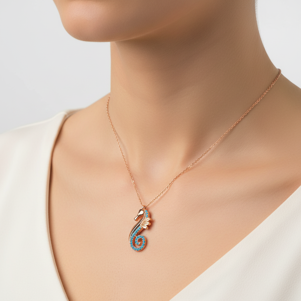 Silver Seahorse Women's Necklace - Model