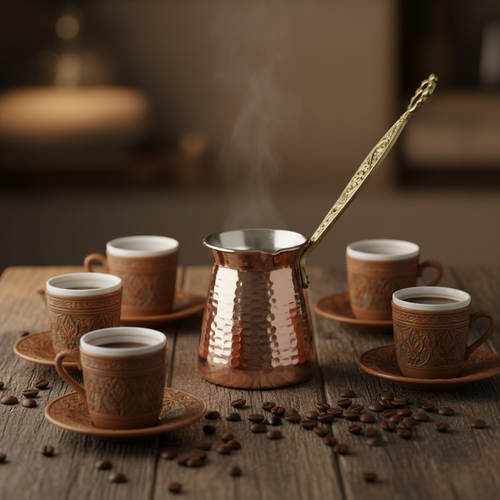 Antep hammered copper cezve 4-cup lifestyle with cups