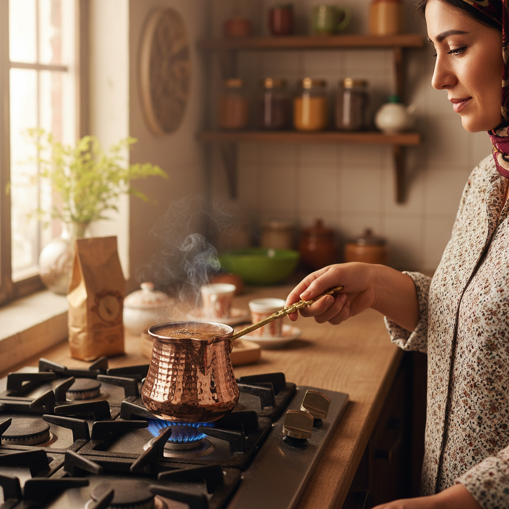 Woman holding Bakir Sutluk 540ml copper cezve on stovetop
