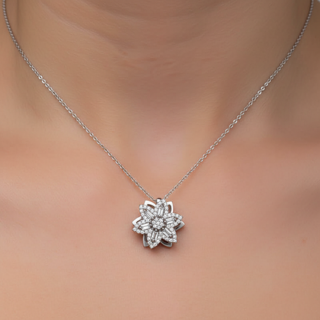Silver Star Baguette Stone Spinning Women's Necklace - Model