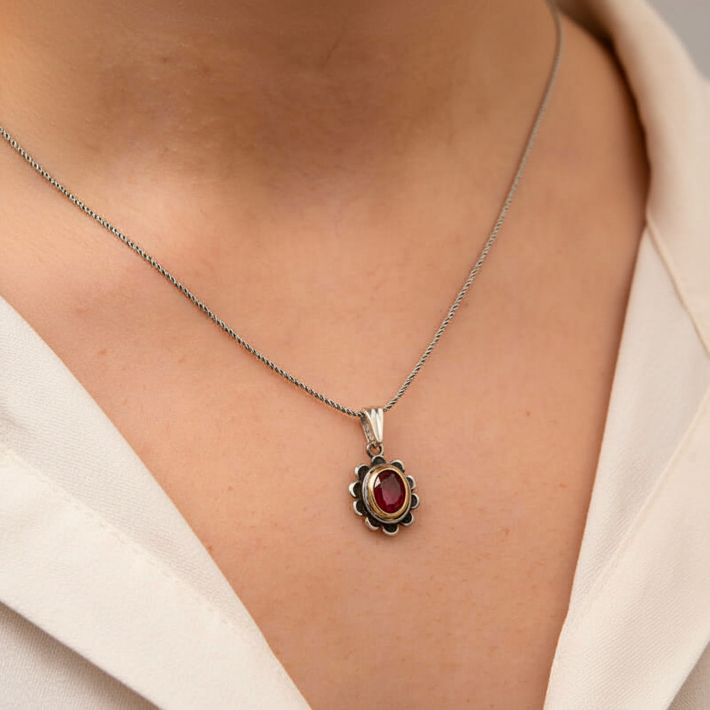 Silver Red Stone Flower Women's Necklace - White Background