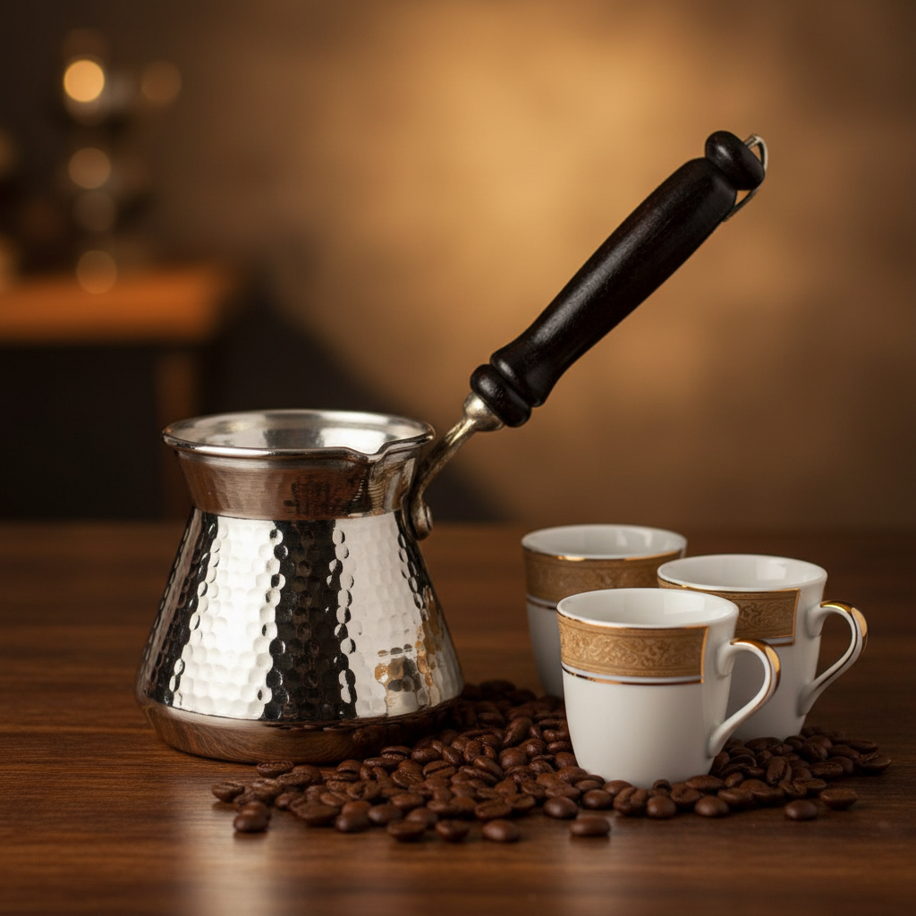 Antep nickel topak 225ml cezve lifestyle with 3 cups