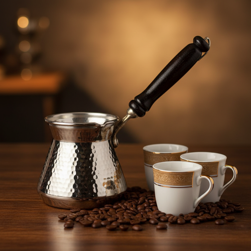 Antep nickel topak 225ml cezve lifestyle with 3 cups