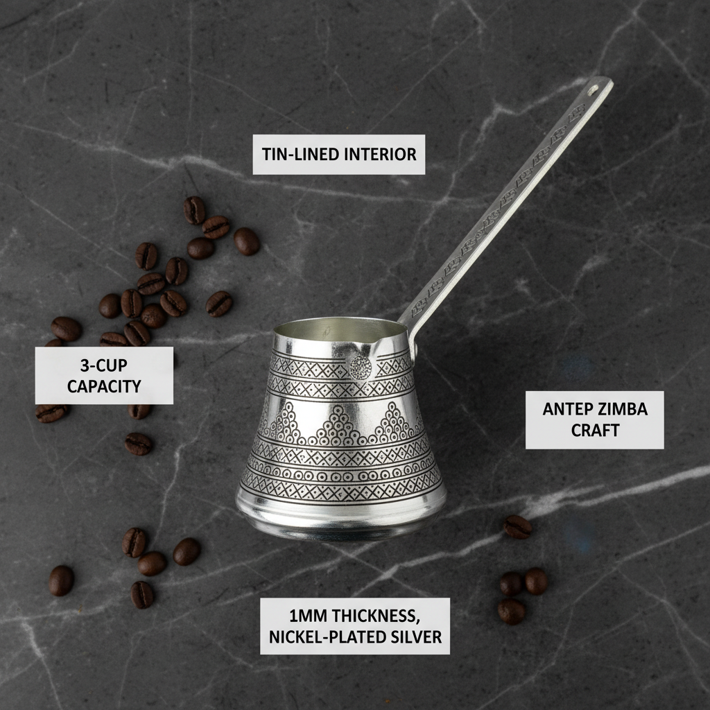 Antep zimba silver copper cezve 3-cup flat lay dimensions