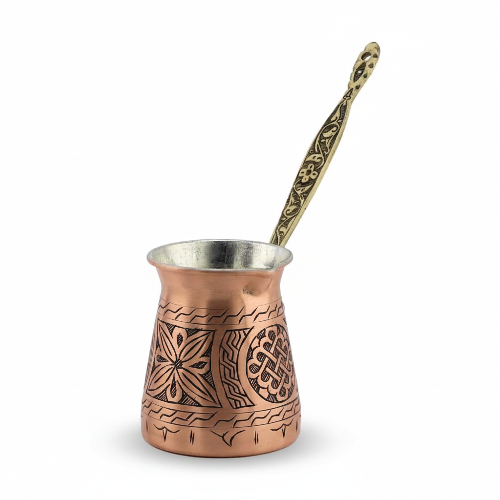 Antep keski engraved copper cezve 250ml white background