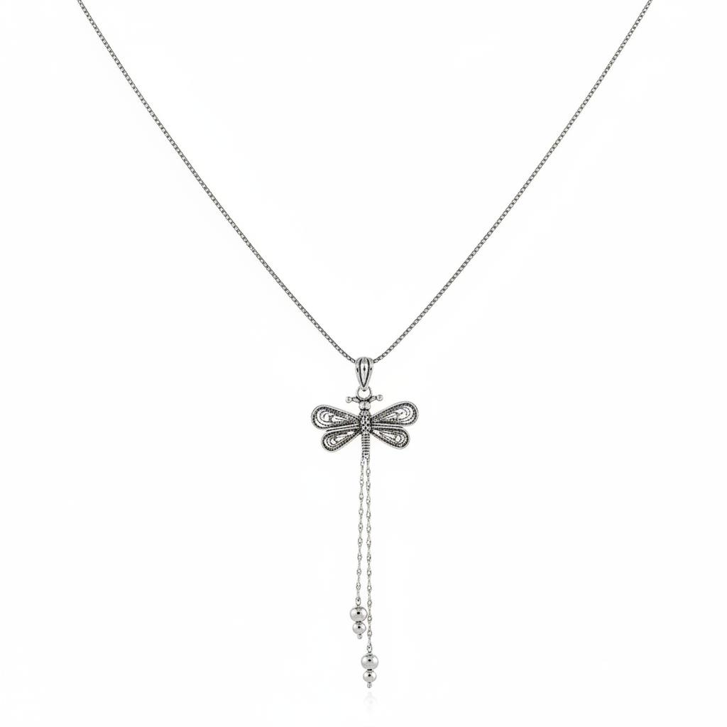 Silver Filigree Dragonfly Women's Necklace - White Background