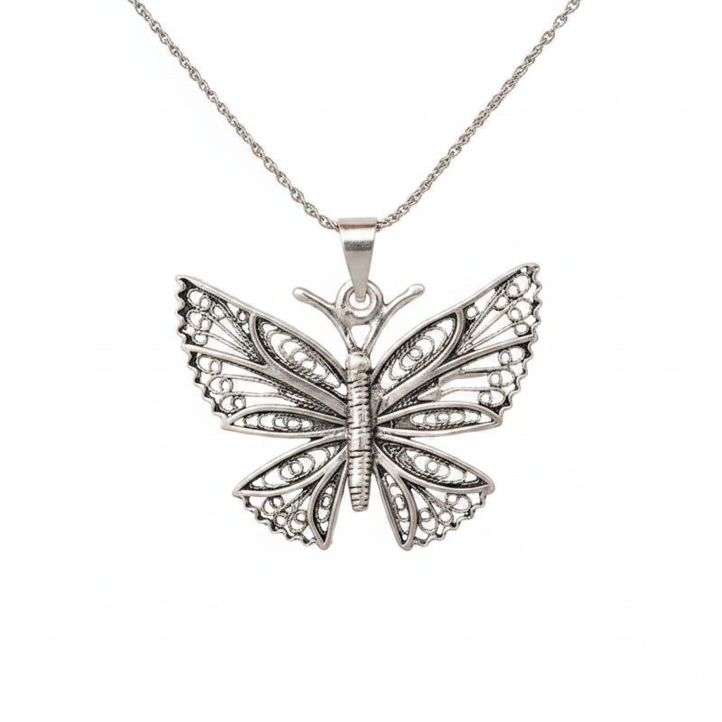 Silver Filigree Butterfly Women's Necklace - White Background